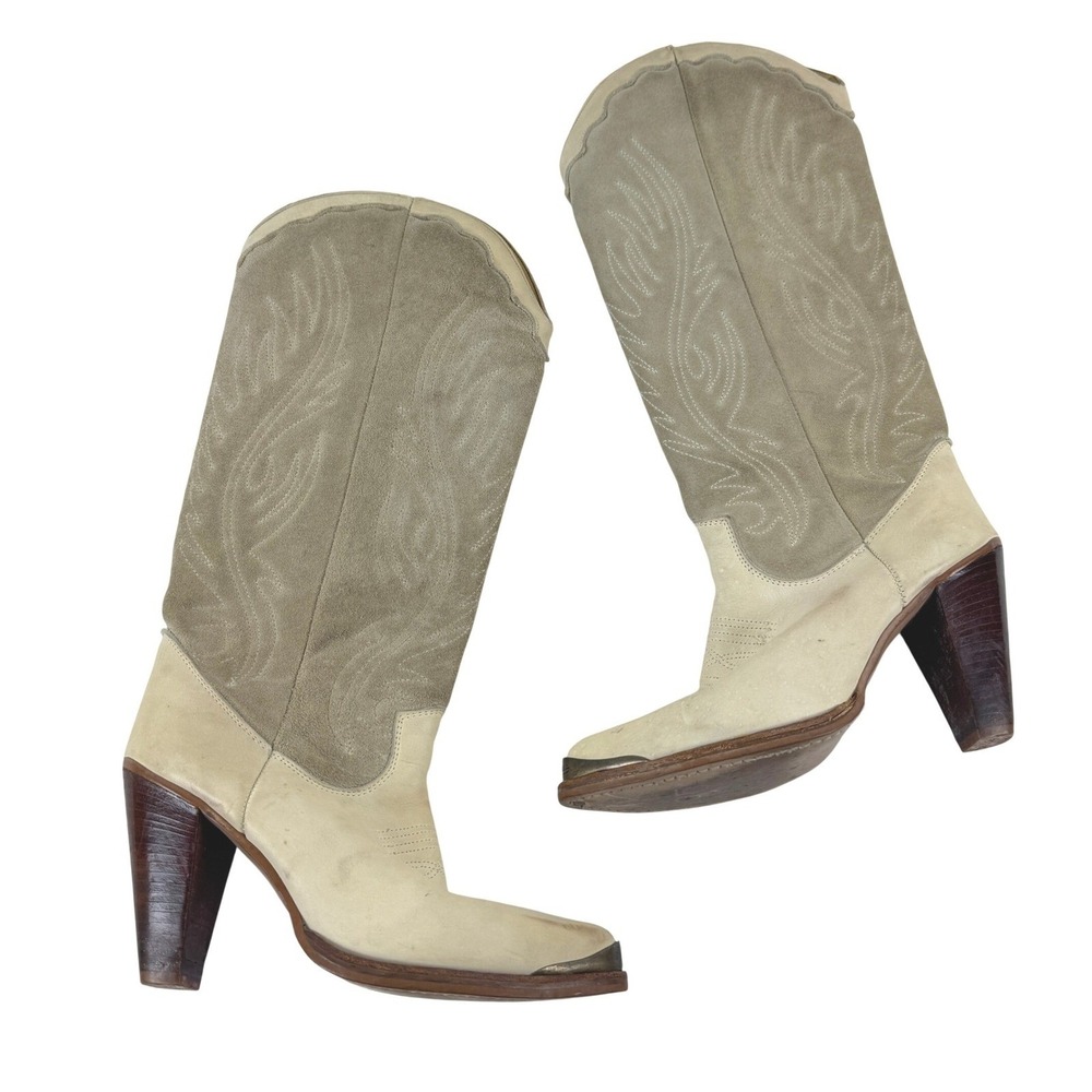 Zodiac‎ USA Vintage Western Boots Beige Tan Suede Leather Metal Toe 8.5M 416185